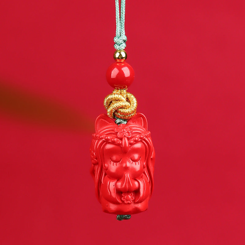 Natural Cinnabar Lucky Cat Nine-Tailed Fox Phone Charm - Wealth & Protection Amulet