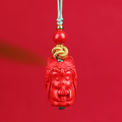 Natural Cinnabar Lucky Cat Nine-Tailed Fox Phone Charm - Wealth & Protection Amulet