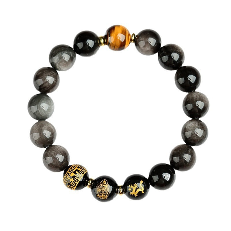Natural Obsidian Zodiac Guardian Buddha Bracelet with Tiger Eye & Agate - Six-Word Mantra Spiritual Protection