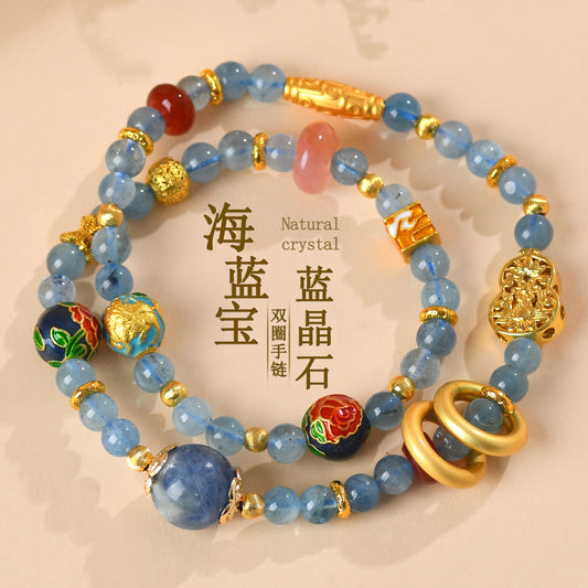 Natural Aquamarine Kyanite Double Circle Bracelet with Southern Red Agate Peace Buckle - Women's Spiritual Elegance