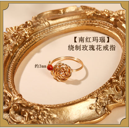 Handmade Crystal Agate Ring with Yellow Rutilated Quartz and Moonstone - Open Wire Wrapped Design for Wealth and Protection