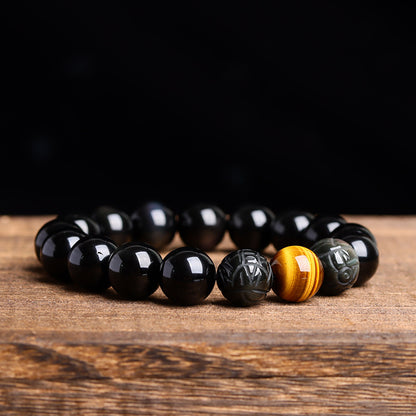 Natural Obsidian Gold-Swallowing Pixiu Double Color Tiger Eye Stone Bracelet for Wealth & Protection