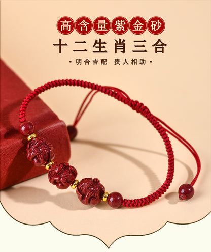 Natural Purple Gold Cinnabar Zodiac Three-Combined Bracelet - Spiritual Protection & Fortune