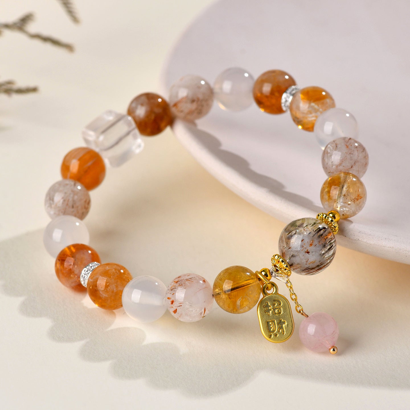 Natural Crystal Multi-Gem Bracelet with Yellow Tower Crystal and White Agate for Women