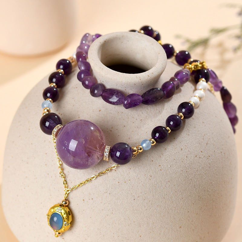 Natural Amethyst Pearl Aquamarine Collarbone Necklace - Spiritual Energy & Elegance