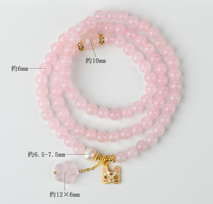 Natural Madagascar Pink Crystal Multi-Circle Love Bracelet with Fox Mask Charm