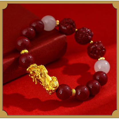 Natural Purple Gold Cinnabar Zodiac Pixiu Bracelet | Wealth Attraction & Protection Talisman