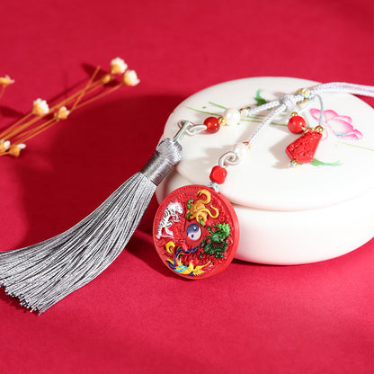 Natural Cinnabar Divine Beast Eight Diagrams Car Hanging Ornament - Imperial Red Sand Painted Square Amulet