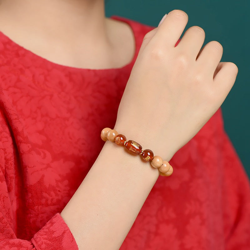 Ancient Peach Wood Cinnabar Zodiac Buddha Protection Bracelet for Harmony