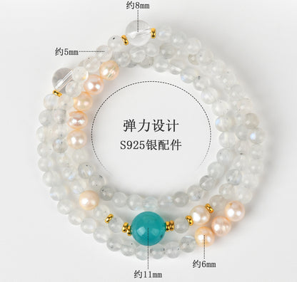 Natural Moonstone & Tianhe Stone Three-Layer Bracelet with Pearl Accents – S925 Silver Harmony Jewelry for Women