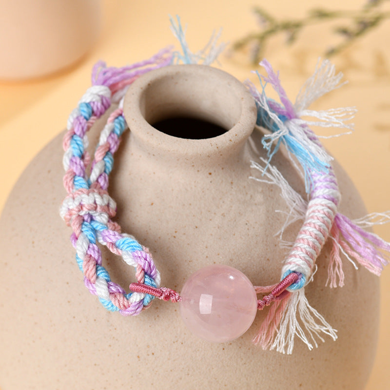 Natural Rose Quartz Tibetan Handmade Bracelet - Love Energy Crystal Cord Jewelry for Women
