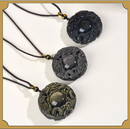 Natural Obsidian Double Dragon Guardian Pendant for Zodiac Year Protection and Good Fortune