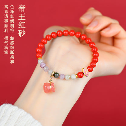 Natural Red Cinnabar and Salt Source Agate Lucky Bag Bracelet for Wealth and Protection