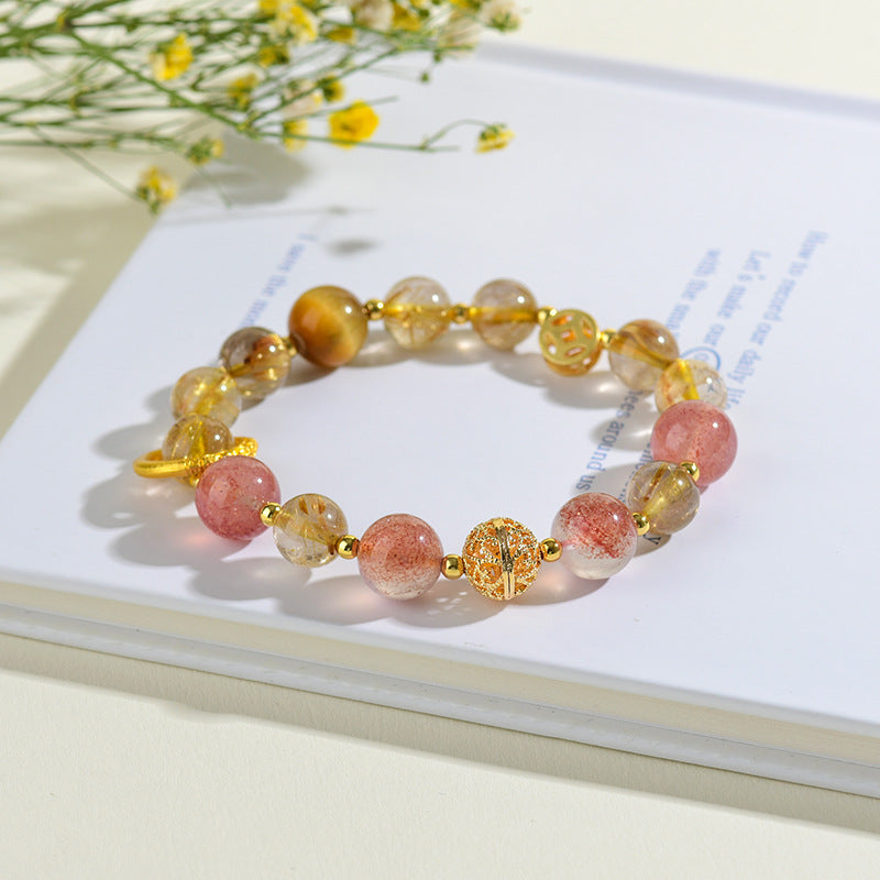 Natural Yellow Rutilated Strawberry Quartz Taurus Crystal Bracelet for Women