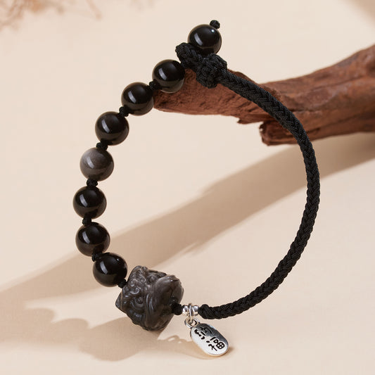 Silver Obsidian Lion Awakening Handwoven Bracelet - Courage Protection Amulet