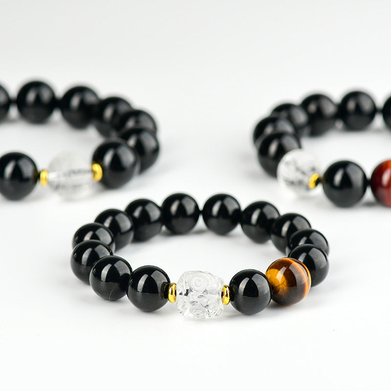 Natural Obsidian Bracelet with White Crystal Lion Awakening - Unisex Spiritual Protection Beaded Jewelry