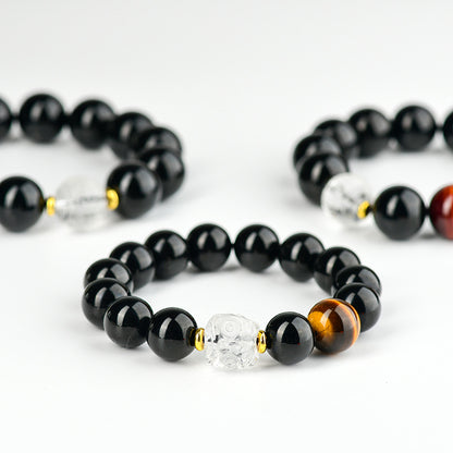 Natural Obsidian Bracelet with White Crystal Lion Awakening - Unisex Spiritual Protection Beaded Jewelry