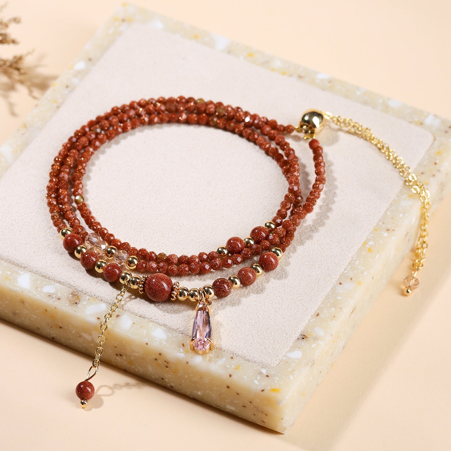 Golden Sandstone Three-Circle Bracelet | Adjustable Women's Spiritual Jewelry for Protection and Wealth