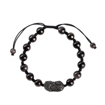 Natural Silver Obsidian Strawberry Crystal Pixiu Couple Bracelet - Hand-Woven for Wealth and Love