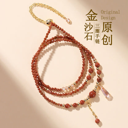 Golden Sandstone Three-Circle Bracelet | Adjustable Women's Spiritual Jewelry for Protection and Wealth