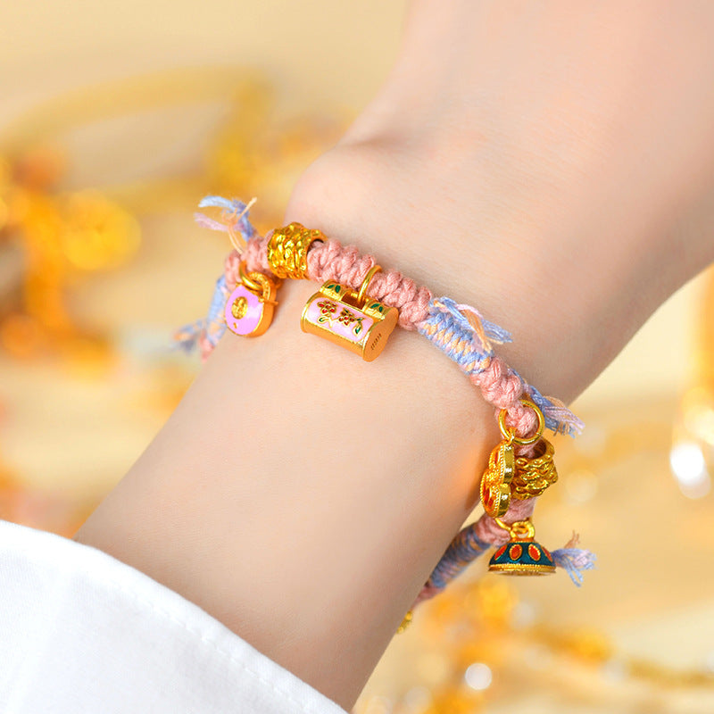 Golden Multi-Treasure Longevity Lock Tibetan Braided Bracelet - DIY Coiled Rope for Wealth and Health