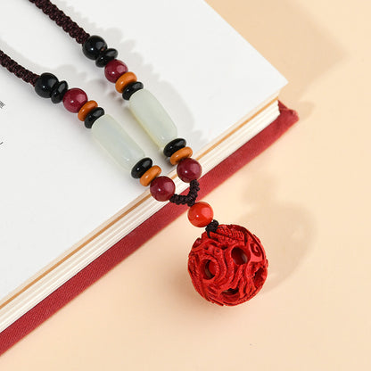 Natural Cinnabar Dragon Phoenix Hollow Ball Pendant Necklace - Auspicious Protection & Harmony