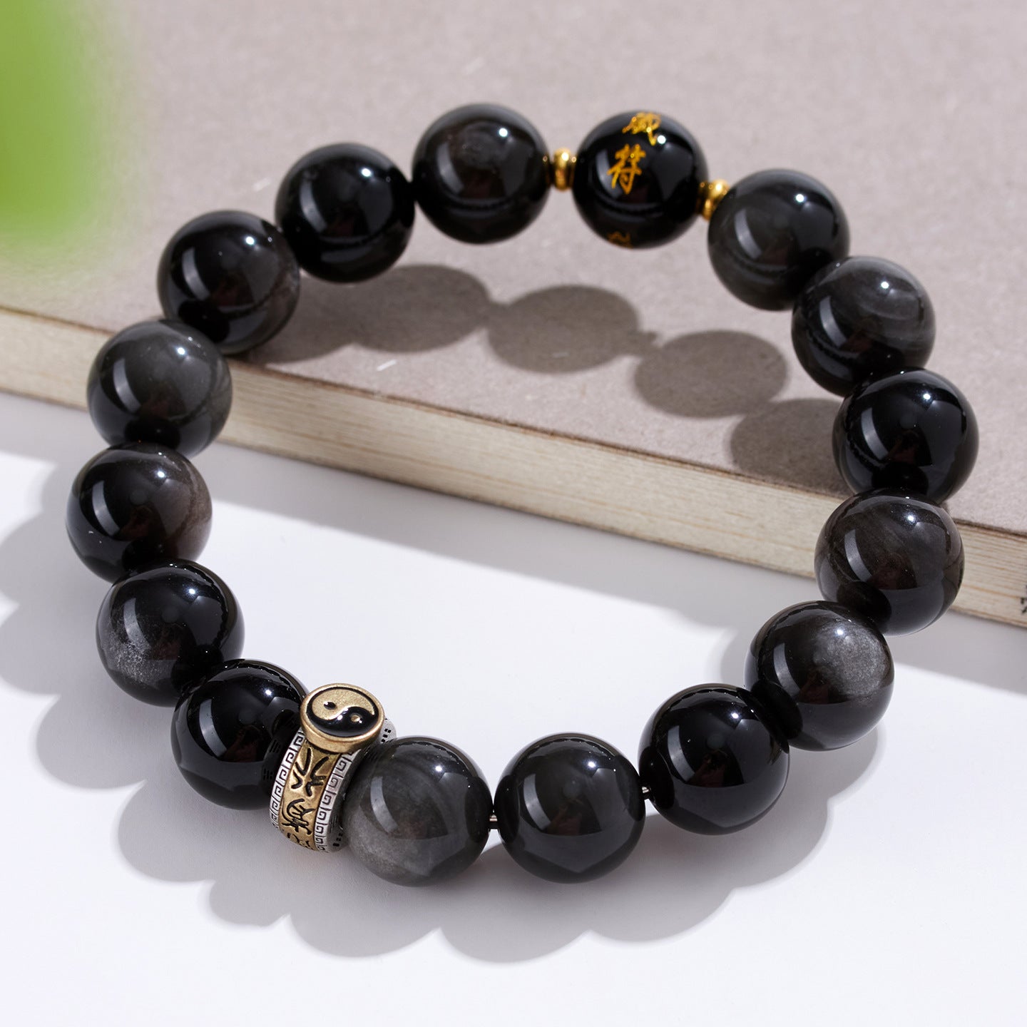 Natural Obsidian Nine-Character Mantra Bagua Bracelet - Zodiac Year Guardian & Couple Harmony