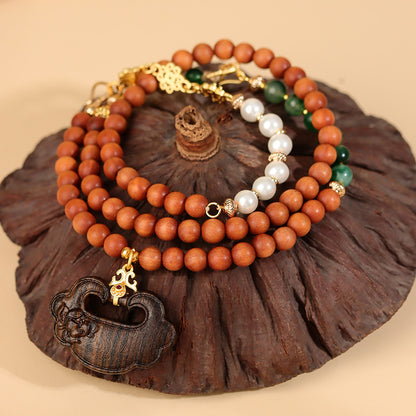 Sandalwood Agarwood Ruyi Pendant Necklace | Zen Buddhist Beads for Spiritual Harmony