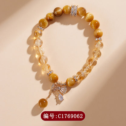 Natural Yellow Tower Crystal and Gold Tiger Eye Bow Tassel Bracelet - Wealth Attraction and Spiritual Protection