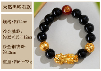 Natural Obsidian Gold Pixiu Zodiac Buddha Bracelet for Wealth Protection and Spiritual Harmony