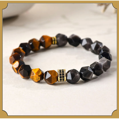 Golden Tiger Eye and Obsidian Faceted Irregular Bracelet - Unisex Couple Protection Charm