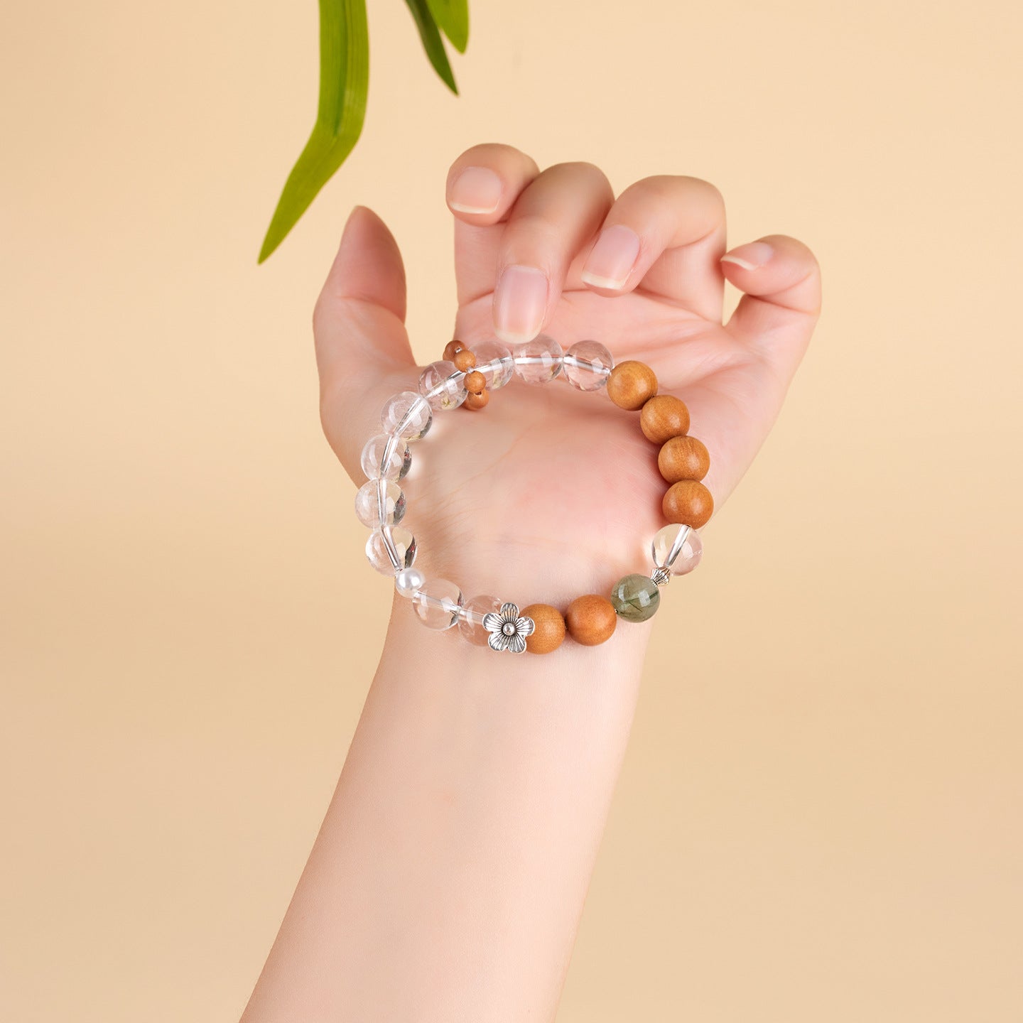 Natural White Crystal Sandalwood Green Rutilated Quartz Bracelet - Zen Buddhist Beads for Spiritual Harmony