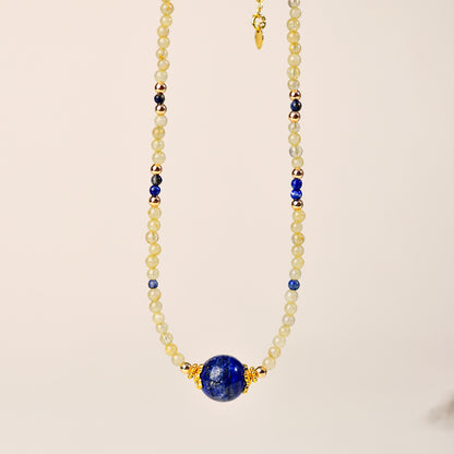 Natural Golden Rutilated Quartz Lapis Lazuli Collarbone Necklace | Wealth & Wisdom Talisman for Women