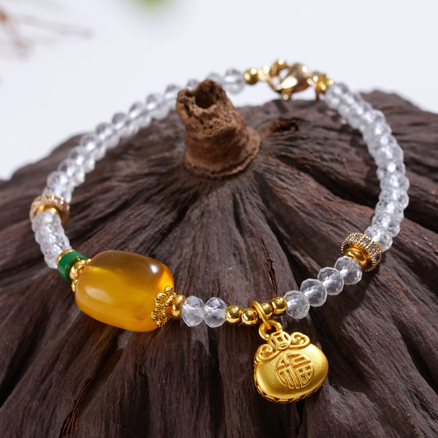 Natural Carved White Crystal and Amber Bead Bracelet | Chinese Style Spiritual Jewelry for Women