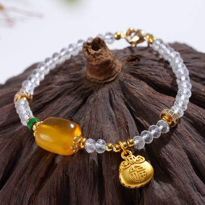 Natural Carved White Crystal and Amber Bead Bracelet | Chinese Style Spiritual Jewelry for Women
