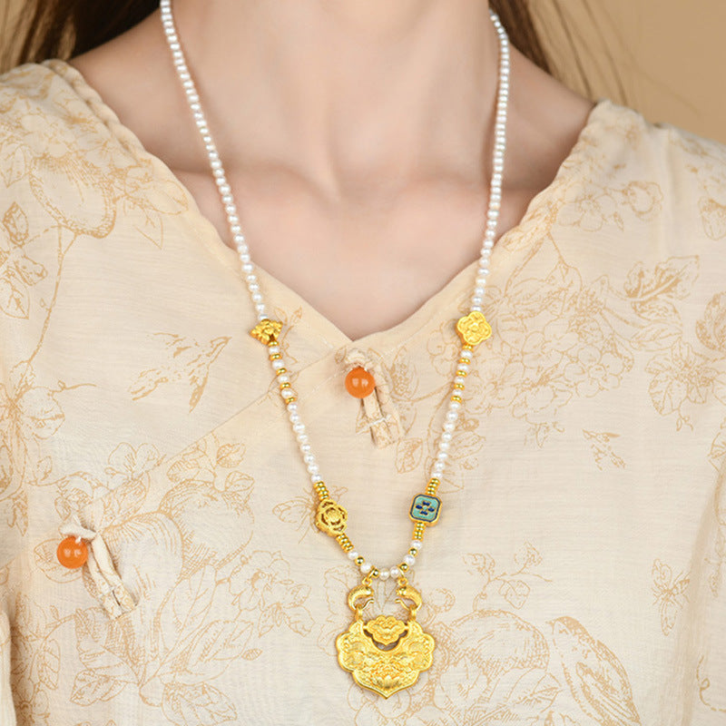 Natural Freshwater Pearl Koi Peace Lock Necklace | Auspicious Chinese Style Collarbone Chain