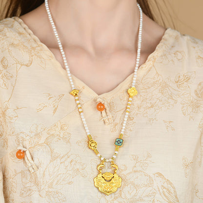 Natural Freshwater Pearl Koi Peace Lock Necklace | Auspicious Chinese Style Collarbone Chain