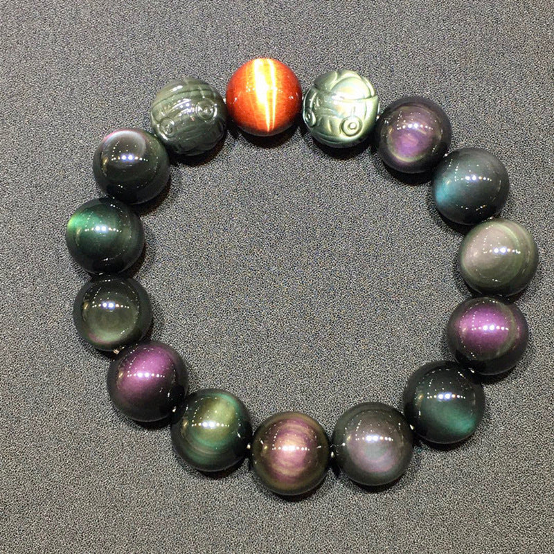Natural Rainbow Double-Eyed Obsidian Carved Pixiu Bracelet with Red Tiger Crystal - Wealth Guardian Amulet