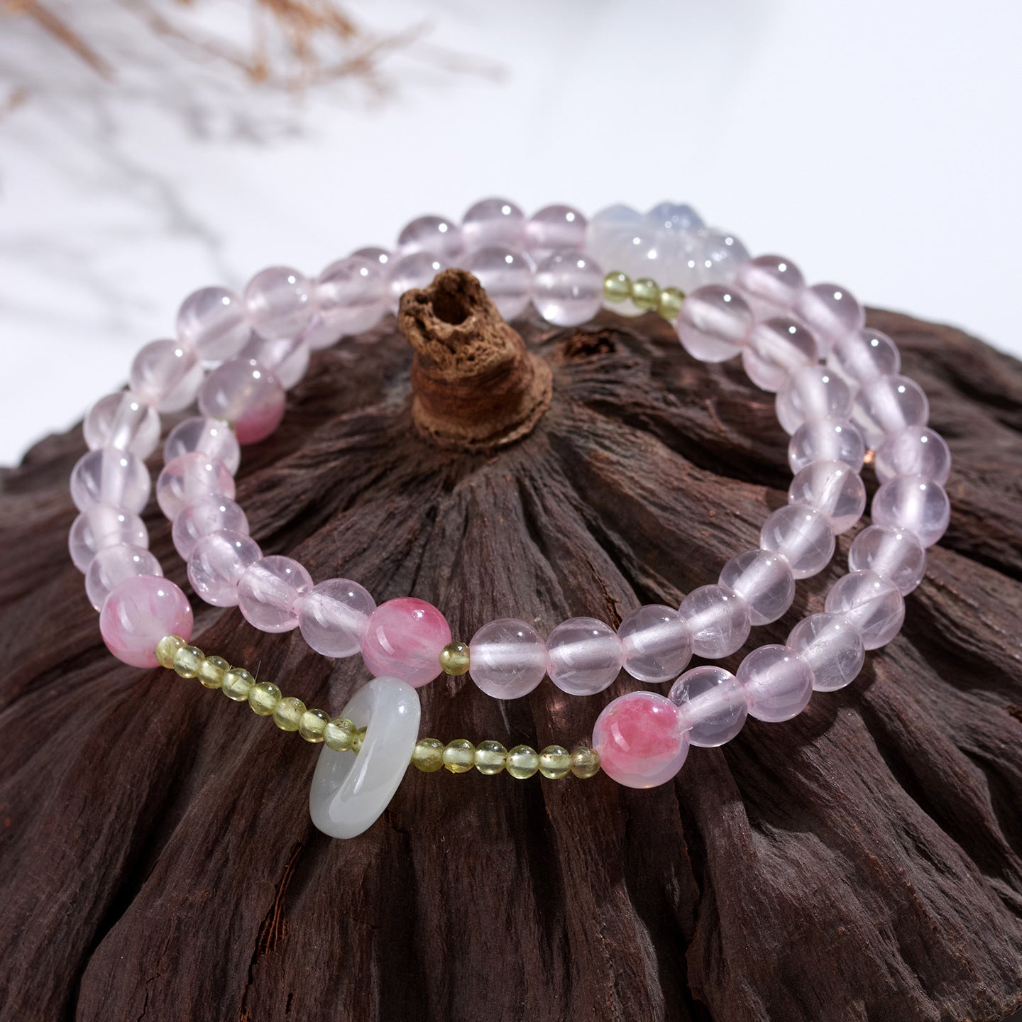 Ice Pink Crystal Peridot Rose Quartz Double Circle Love Bracelet for Women