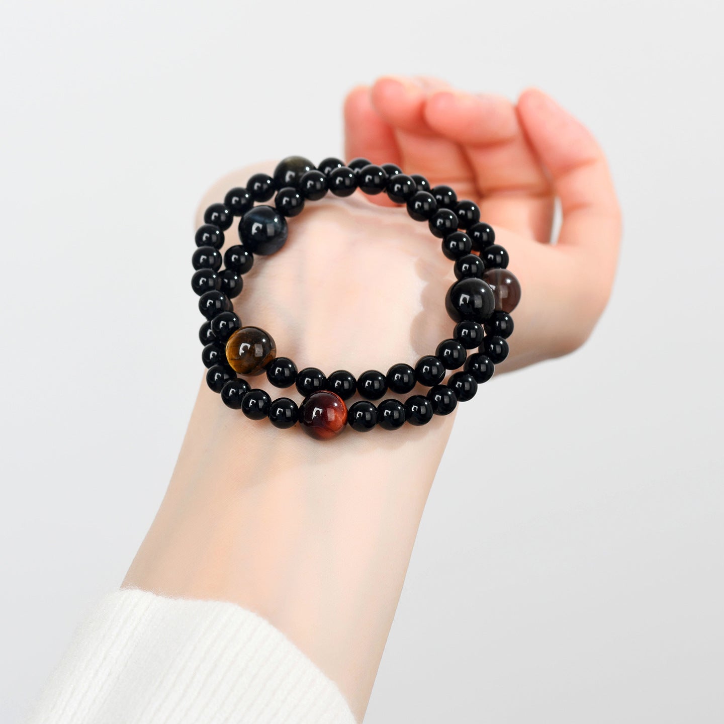Natural Obsidian Tiger Eye Double Circle Bracelet - Cosmic Protection Unisex Spiritual Charm