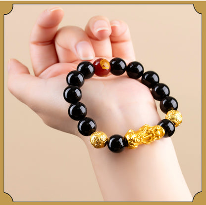 Natural Obsidian Gold Pixiu Zodiac Buddha Bracelet for Wealth Protection and Spiritual Harmony