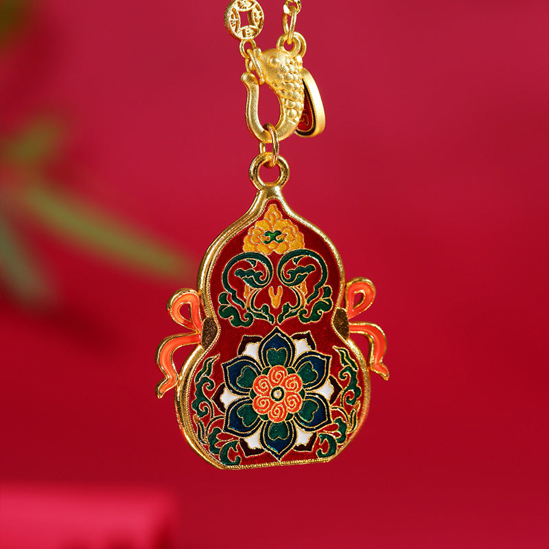 Gold-plated Cloisonné Seven Treasures Lotus Gourd Pendant Necklace | Wealth & Protection Amulet
