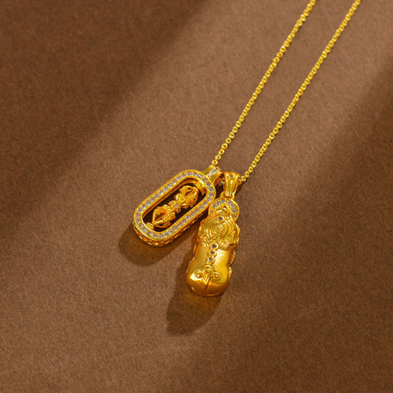 Gold Sand Gold Inlaid Diamond Pixiu Vajra Pendant Necklace | Ancient Craftsmanship Retro Collar Chain