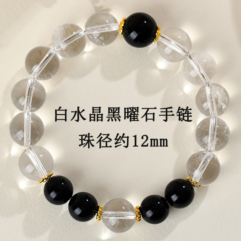 Natural Crystal Energy Bracelet with White Crystal, Obsidian, Strawberry Quartz, and Aquamarine | Spiritual Harmony & Protection