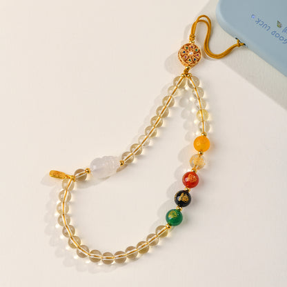 Natural Yellow Crystal Five-Way Wealth God Pixiu Phone Pendant - Wealth Attraction Charm