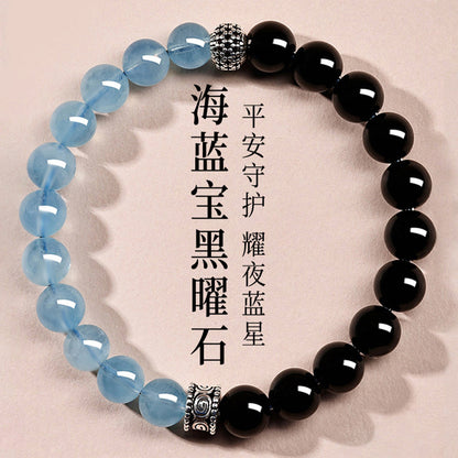 Natural Obsidian Aquamarine Crystal Bracelet - Couple Spiritual Harmony & Protection