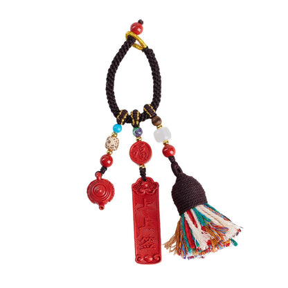 Imperial Red Cinnabar Keychain with Pineapple Charm - Wealth and Protection Amulet