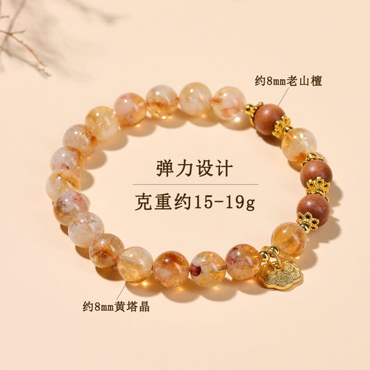 Natural Yellow Pagoda Crystal & Sandalwood Lucky Bracelet with Xiangyun Pendant