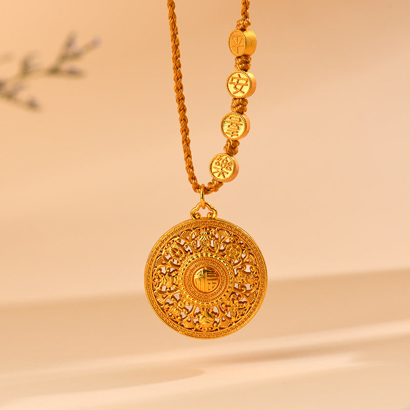 Golden Eight Treasures Compass Pendant with Fu and Swastika Charm Necklace