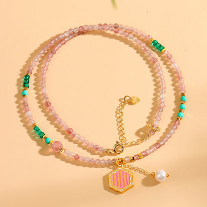 Natural Strawberry Crystal Faceted Necklace | Elegant Light Luxury Collarbone Choker for Love & Luck